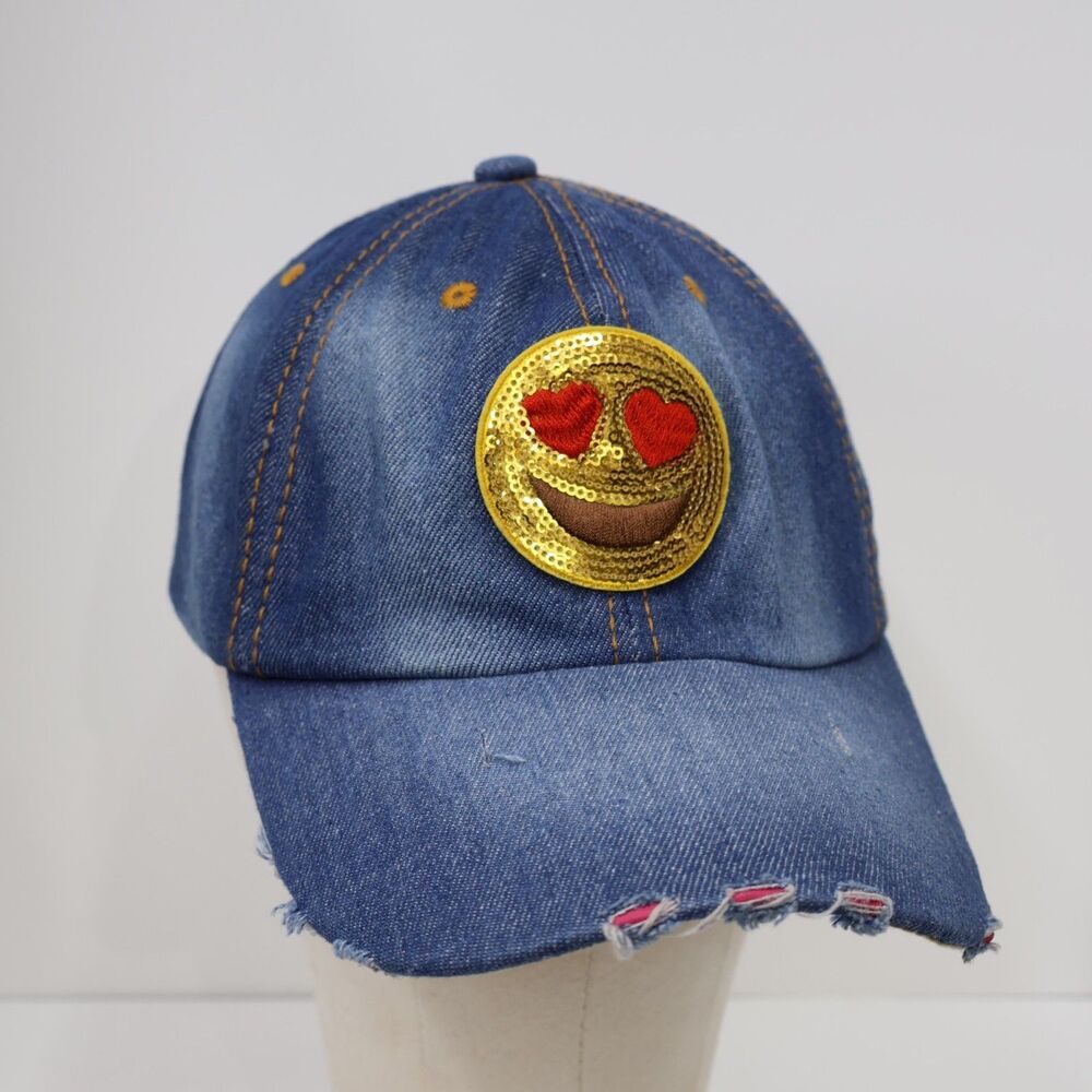 LAKE SHORE DRIVE DISTRESSED DENIM SMILEY FACE/HEART EYES EMOJI STRAPBACK HAT/CAP